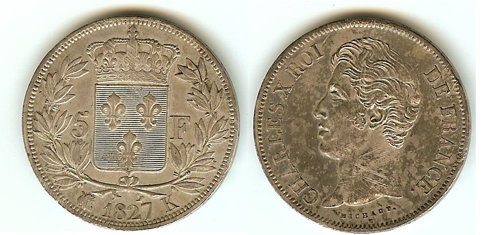 5 Francs Charles X 1827K Bordeaux Unc.